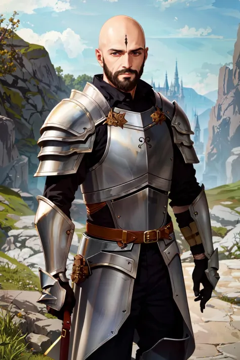 (masterpiece:1.2), (best quality:1.2), perfect eyes, perfect face, perfect lighting, 1boy, mature male, bald, black bushy beard, steel armor, breastplate, shin guard, pauldrons, gauntlets, fantasy, detailed outdoor background