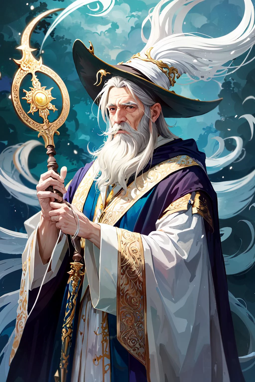 (masterpiece:1.2), (best quality:1.2), perfect eyes, perfect face, perfect lighting, 1boy, very old wizard holding a staff, white hair, absurdly long beard, wizard robes, wizard hat, swirling magic, flowing magic, colorful, fantasy, detailed outdoor background