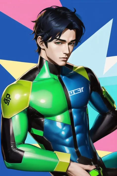 1boy, solo, yaoi, homoerotic, cyberpunk, gorgeous korean man, bodysuit, solid green background, neon colors, pop art