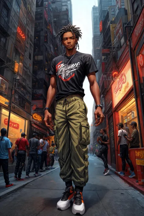 1boy, yaoi, photoshoot, a beautiful thin black man with extra long cornrows, vintage graphic tee, tan cargo pants, skater shoes,...
