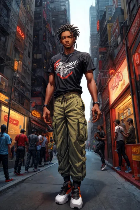 1boy, yaoi, photoshoot, a beautiful thin black man with extra long cornrows, vintage graphic tee, tan cargo pants, skater shoes, from below, looking down at viewer,  new york city streets at night, dramatic lighting