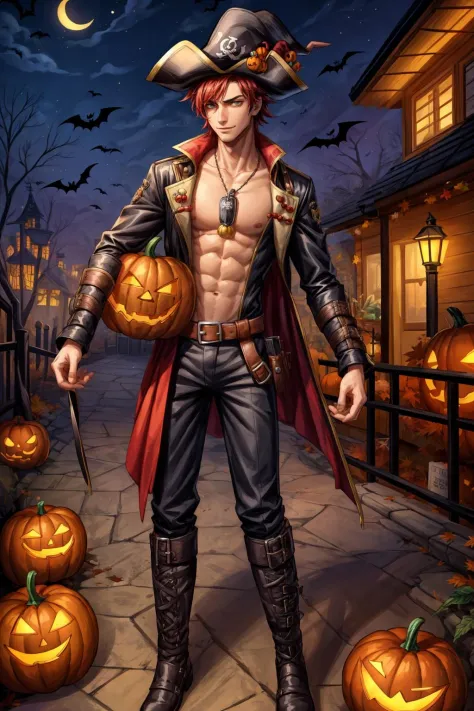 1boy, a handsome slim guy wearing a pirate costume on halloween, hat, boots, exposed chest, autumnal neighborhood on halloween, ...