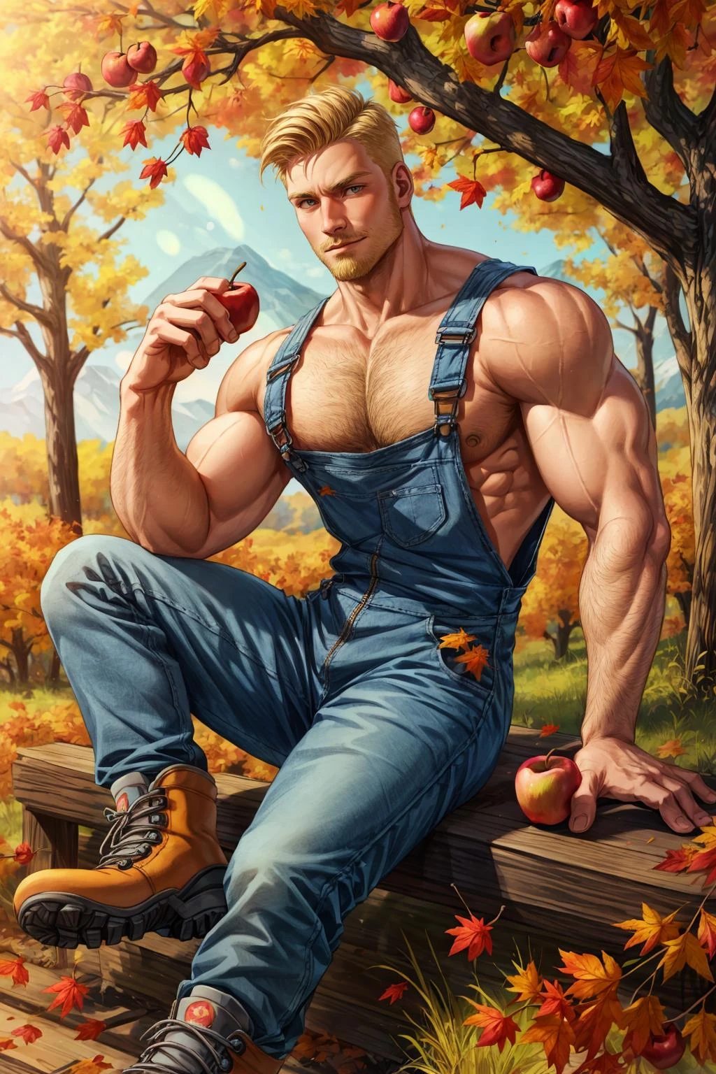1 мальчик, мускулистый мужчина в комбинезоне и походных ботинках, светлые волосы, волосатая грудь, осень, падающие листья, Яблочный сад, теплое освещение,