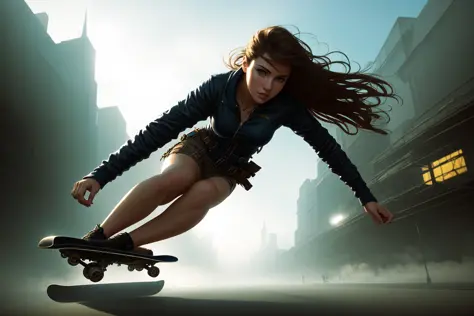 best quality, 8k, ultrarealistic, raw fantasy painting of (beautiful:1.2) girl performing tricks on a skateboard, half pipe, pun...