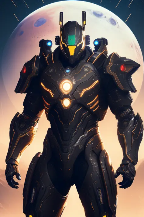 nousr robot masterpiece, best quality, 8k, fantasy painting of beautiful cyborg man, warframe style, black gold, ultra detailed,...