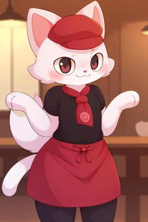 <lora:pokemonCafeStyle:0.55>, pmcafe, red neckerchief,  red apron, cabbie hat, red headwear, blush stickers, pmcafepokemon cafe mix, 
 <lora:Masyunya:0.5>, Masyunya, furry cat, black shirt, (high quality:1.2), masterpiece, detailed, highres, 4k, sharp focus