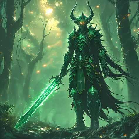 a cinematic shot of a fantasy forest elf, wearing armor, holding a glowing sword with bot hands, hkstyle, green glowing magic ar...
