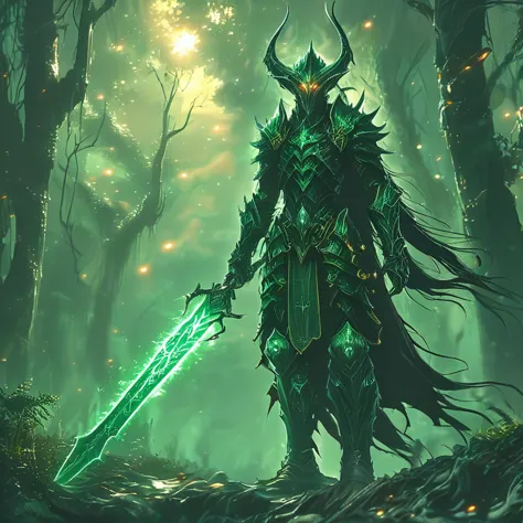 a cinematic shot of a fantasy forest elf, wearing armor, holding a glowing sword with bot hands, hkstyle, green glowing magic around the elf, style of Dan Mumford, masterpiece, fantasy, digital art, highly detailed, overall detail, atmospheric lighting, Awash in a haze of light leaks reminiscent of film photography, awesome background, highly detailed styling, studio photo, intricate details, highly detailed, cinematic