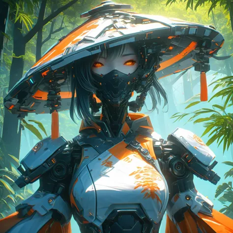 Female cyborg samurai character from Genshin Impact, wearing orange and white with an Asian style hat on her head, in the style of cyberpunk with robot body parts and high tech mechanical armor, robot arms, standing inside a magical forest, HD, masterpiece, best quality, hyper detailed, ultra detailed