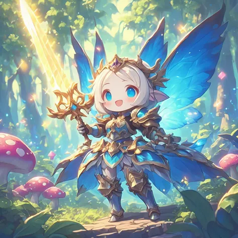 a super cute female  chibi knight fairy, beautiful fairy wings, colorful, wearing armor, wielding a glowing sword, magical fores...