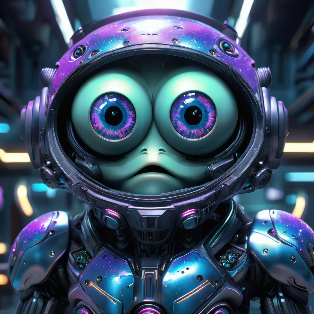 Toma cinematográfica de un pequeño extraterrestre cyborg, ojos grandes y lindos, Reflejo de galaxia en los ojos., El extraterrestre tiene piel de galaxia., De pie dentro de una estación espacial futurista, Alta definición, obra maestra, La mejor calidad, hiper detallado, Ultra detallado,