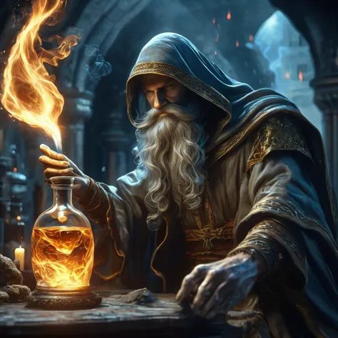 a man with a long beard holding a glass jar with fire