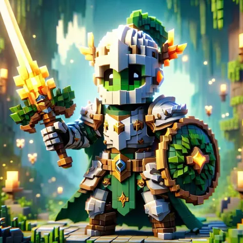 a cinematic shot of a fantasy pixel ral-vxl knight, holding a sword and shield, wearing armor, forest in background, Amazing qua...