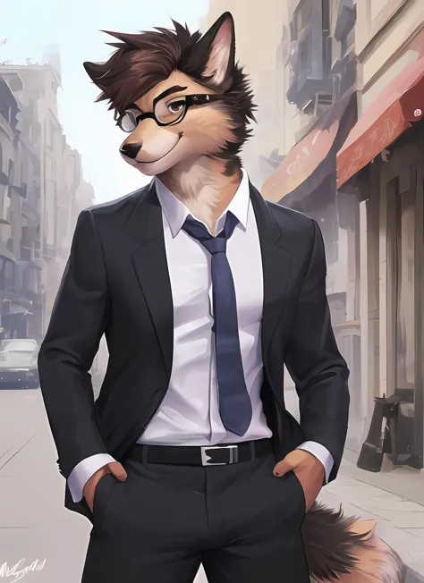 arafed image of a man in a suit and tie with a dog