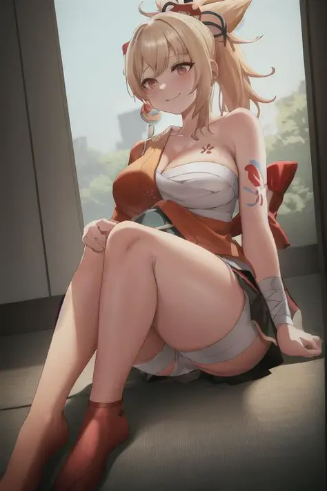 1 girl, absurdres, arm tattoo, bandages, bangs, blonde hair, smiling, yoimiya's clothes, red clothes, kimono, medium breasts, blush, full body, bandage in legs, highres, red socks over knee in one leg and below knee in other, 4k, unreal engine 5 <lora:yoim...