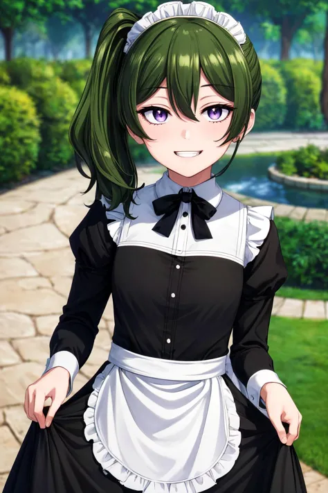 a close up of a woman in a maid outfit standing in a park