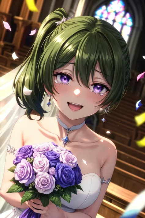 anime bride with purple flowers in church