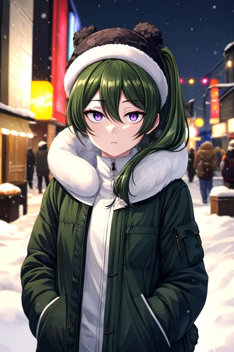 anime girl in winter coat standing in snow covered street