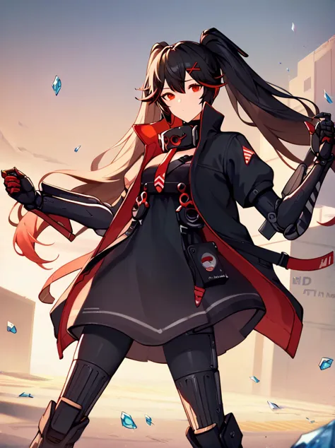 a woman in a black coat and red cape holding a gun