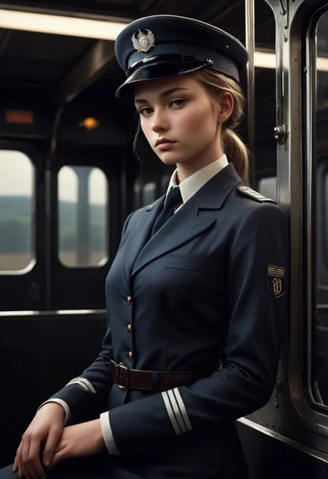 arafed woman in uniform sitting on a train looking at the camera