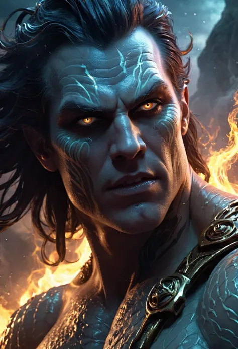 D&D style portrait, fantasy, digital art, close up of a Male Siren, Smoky Conditions, art by Paul Bonner, Serial Art, sci-fi, man, detailed faced, Strong and Confident, Powerful Lighting