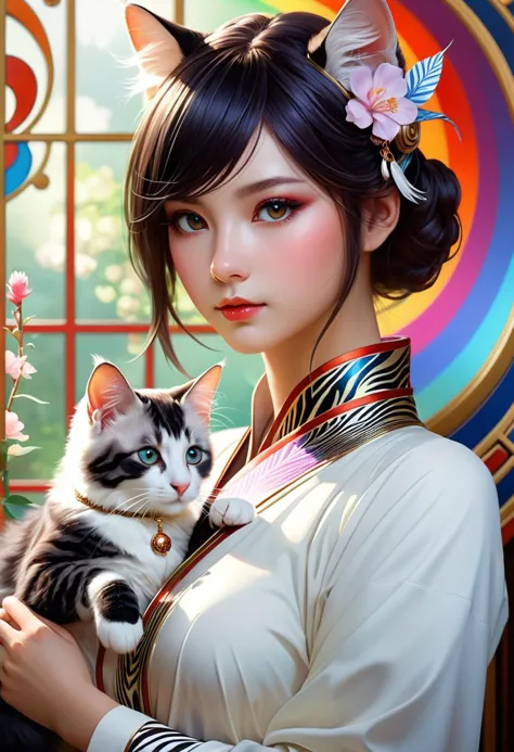 art by greg rutkowski, loish, rhads, ferdinand knab, makoto shinkai, lois van baarle, ilya kuvshinov, rossdraws, tom bagshaw and alphonse mucha, digital art, (Girl:1.3) , wearing tunic with Zebra adornments, Turkish Angora Cat Tail, detailed background, most beautiful artwork in the world, highly detailed, moody lighting, Depth of field 270mm, rainbow swirl, absurdres, beautiful