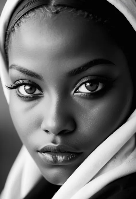 a black and white photo of a woman with a scarf on