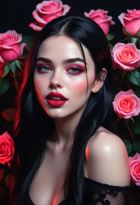 impactful paint of a girl, highly detailed,   8k,   sharp,  professional, clear,   high contrast, high saturated, vivid deep blacks, crystal clear, Glow Skin, Roses in the Background, Cinematic Lighting Filter, Neon, Thick Lips, Perfect Face, Long Black Hair, Pale Skin, Perfect Teeth