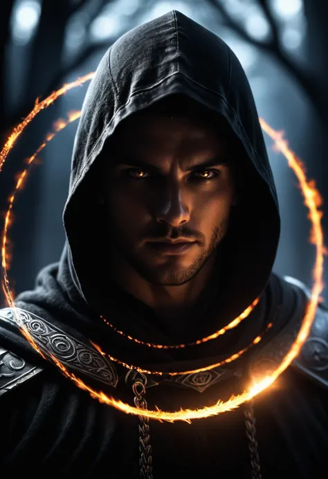 a man in a hoodedie with a glowing ring around his neck