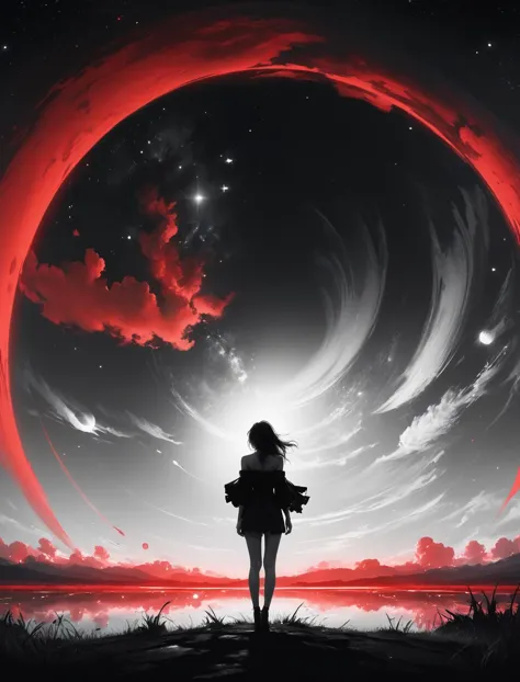 a woman standing in front of a red circle with a sky background