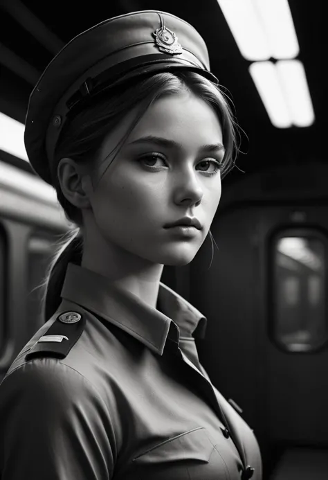 by Bojan Jevtic, Michael Borremans, Vector Art, RAW photo,close up of a strong 21yo Young Beauty Train conductor, alluring, Thoughtful Pose, Land Art, Ilford HP5+ 400, F/5, perfect skin, Smooth Skin,Full Body,Bold, Brilliant Dim Background Light, Friarmoody lighting,Sharp and in focus,8k, Visual novel,Moody lighting, Soft Image, Brilliant Masterpiece