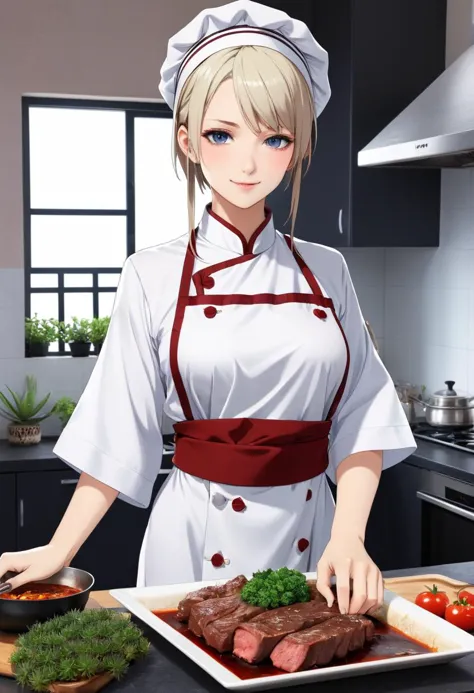 (((masterpiece))) , (((best quality))) , anime style, 2d, Classic Prussian lovely 1girl, solo, Cooking, dressed in Boring [South Sudanese thobe|Baggy Pants], key visual, Succulent Perfectly Cooked Sizzling Delicious Meat