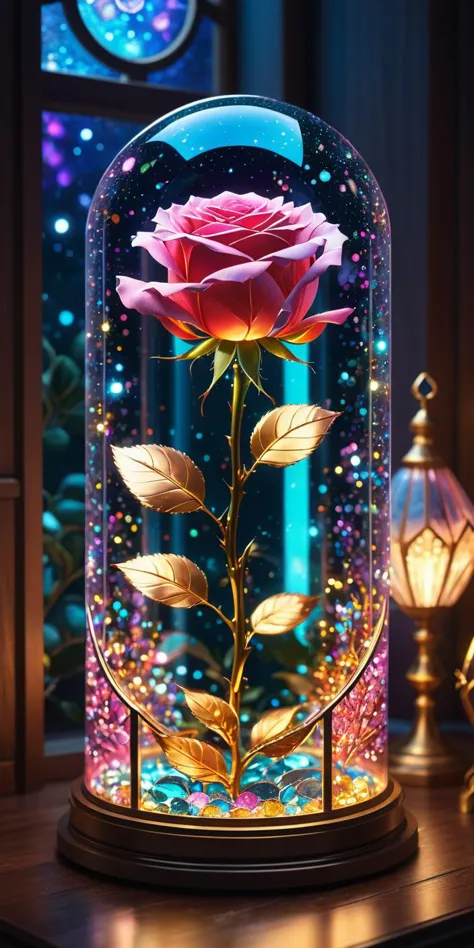 a rose in a glass dome with a light inside