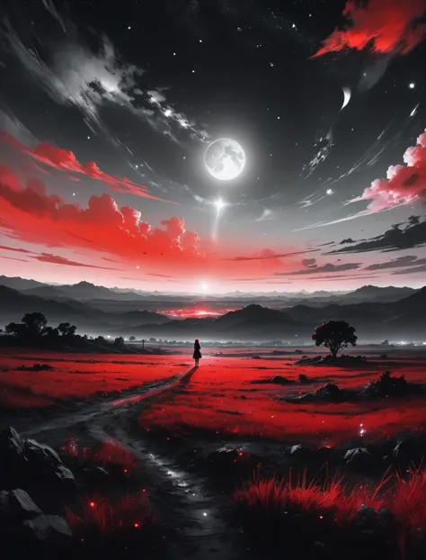 (designed by Ross Tran:0.9) , Digital painting, grand, wide angle of a"Country Love, Sky Beauty", it is Complementary, Celestial equator background, at Nighttime, Sharp and in focus, Regret, Accent lighting, telephoto lens, Monochrome, absurdres, UHD, smooth tones,Red and Black Mode,Stylistic,Realistic,Psychotic,Insanity