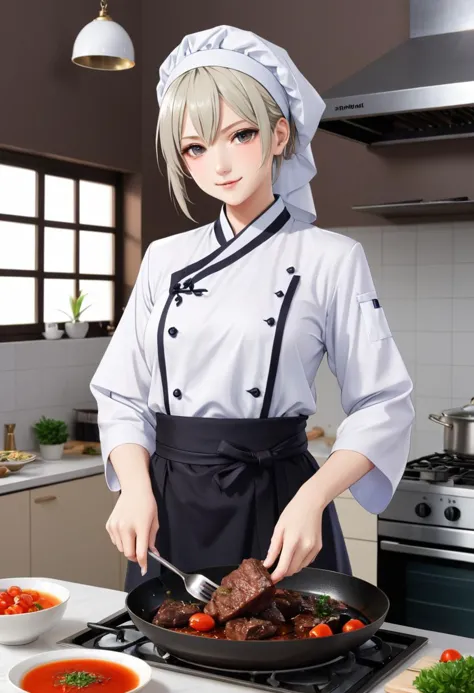 (((masterpiece))) , (((best quality))) , anime style, 2d, Classic Prussian lovely 1girl, solo, Cooking, dressed in Boring [South Sudanese thobe|Baggy Pants], key visual, Succulent Perfectly Cooked Sizzling Delicious Meat