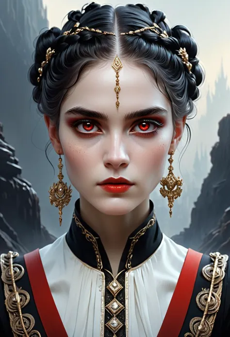 a woman with red eyes and a black dress with gold jewelry