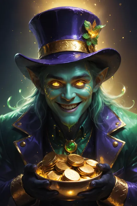 <lora:RossTranXL:0.6>rostran style,graphic novel illustration, insane leprechaun, Eating gold Coins, Gold Glow, High Contrast, Dark Shadow, Deep Colors, Insane Smile, Creepy Vibe, Gold Drip, Artistic, Hazy, Powerful Theme, Drooling Gold, Crazed, Alluring Trickery, Strange