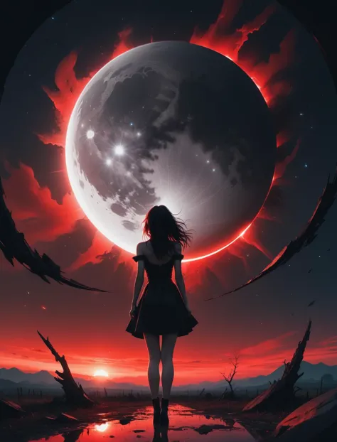 (designed by Ross Tran:0.9) , Digital painting, grand, wide angle of a"Country Love, Sky Beauty", it is Complementary, Celestial equator background, at Nighttime, Sharp and in focus, Regret, Accent lighting, telephoto lens, Monochrome, absurdres, UHD, smooth tones,Red and Black Mode,Stylistic,Realistic,Psychotic,Insanity, Cracked Glass World, Eclipse, Bold Lines, Thick