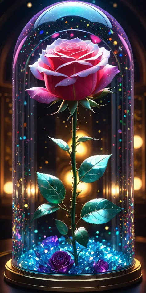 a rose in a glass dome with a light inside