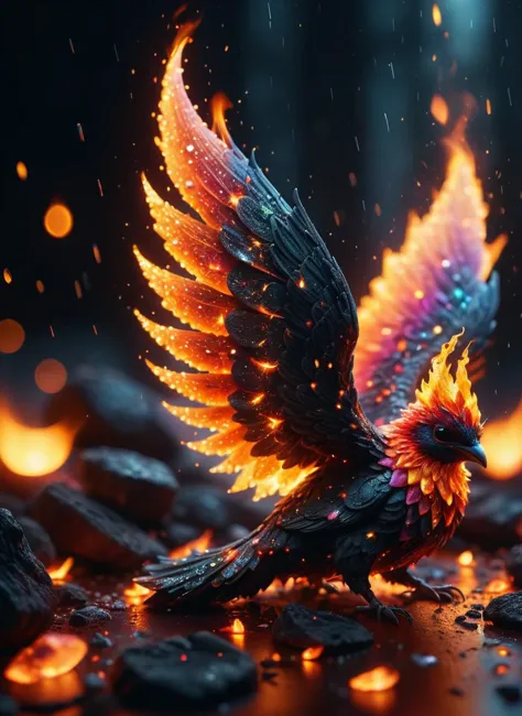 a bird with fire wings flying over a pile of rocks