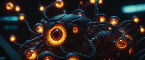 a close up of a bunch of glowing eyes on a dark background