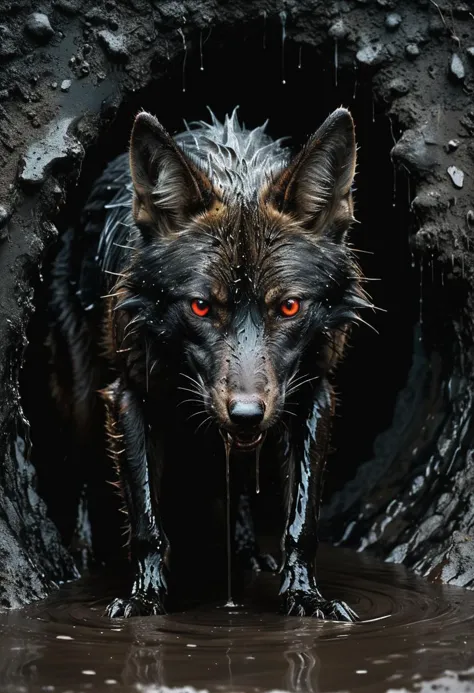 cinematic photo of a Strong Powerful Large with Massive Scary Black Coyote Crawling out of a Dark Hole in the Darkness, All Black, detailed, masterpiece, high contrast, high saturated, vivid deep blacks, soft image, Splashing Water, 
Rekt Darkness, Dark Contrast, Dark Involvement, the setting is midnight, glow reflecting off water, Creepy and Weird, Covered in Mud, Flashes of Red Brilliance, Pitch Black Lighting 
 <lora:Melting_world:0.4>