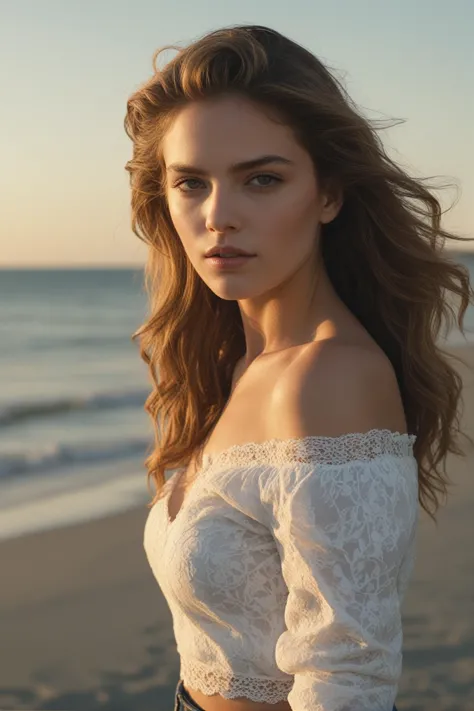 (style of Peter Lindbergh:1.3), (full color fashion shot of 24 year old woman, portrait, masterpiece, perfect face, cowboy shot:1.1),young adult woman model, (sultry and glamorous look),sunlit beach backdrop, ((trendy outfit)),high-waisted jeans, ((intricately detailed off-shoulder crop top with delicate lace trim and subtle floral embroidery)),beachy waves hairstyle,golden hour lighting,playful and seductive pose,vibrant blue ocean in the background,subtle vintage filter,golden hour lighting sfw