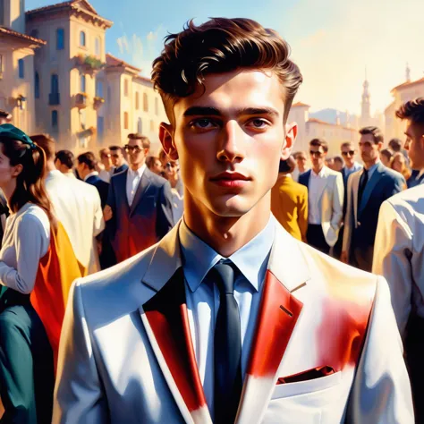 designed by Alberto Biasi, Oil painting, Portrait, fresco art of a slim High-Tech (21yo Beautiful/Handsome:1.2) surrounded by a group of people, at Golden hour, surreal, Depth of field 100mm, Smooth Tones,Full Body,Stylized Christmas