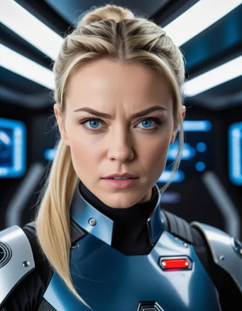 Hollywood movie motion capture picture of cosplay model, beautiful 26 year old caucasian woman as sci-fi soldier, solo, wearing sci-fi armor without helmet, deep blue and black armor, solo, (looking at viewer:1.2),
light blonde hair tied in tight ponytail, realistic hair, ((blue eyes)), detailed pupils, standing in command center of space station, (long shot:1.1), slim body, small breasts, flatchested, perfect teeth, angry face, suspicious facial expression, narrowed eyes, visible mimic wrinkles, 
masterpiece, absurdres, portrait, detailed skin texture, detailed eyes, full lips, Artistic photo , ultra sharp, film, bokeh, (high quality), 4k,