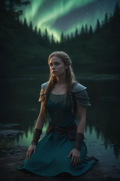 a woman in a green dress sitting on a rock near a lake