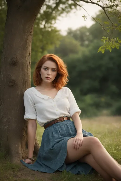 (style of Bob Mizer,Caravaggio,Rembrandt Lighting:1.3),wide cinematic establishing shot seductive young woman picnic under tree, (Layered Depth,Parallax Effect,Soft focus foreground,Painted Scenery,multiplane camera:1.3), (cleavage, bra, medium breasts, young adult irish redhead:1.25),short backlit hair,perfect face,thin upper lip,pouty lower lip,thin brows, small upturned nose, bow-shaped lips,large expressive almond shaped eyes,Raised Eyebrows,Focused Gaze,eager expression,BREAK quaint farm setting, (relaxed country woman), (tight unbuttoned shirt,thin material), subsurface scattering, silh classic cotton, soft pastel, intricate embroidery collar cuffs, rolled-up sleeves revealing sun-kissed forearms BREAK (blanket:1.3), rich textures, patchwork design, vibrant colors, detailed stitching, homely aesthetic (skirt), elegant rustic charm , subtle floral pattern, linen, sways breeze BREAK ((wildflower wreath)) crown delicate chain necklace, small, intricate pendant, heart-shaped with floral theme, glowing subtly in the soft light, ethereal quality:1.2), [lens flare glinting], (mischievous yet content expression), (sneaking away for a break),lush green fields in the background, (soft, sunlit ambiance),simple leather boots, carefree hair, sfw