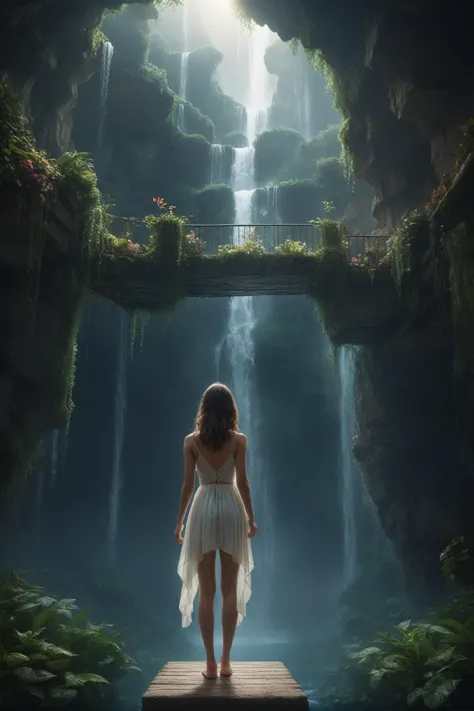 a woman standing on a platform looking at a waterfall