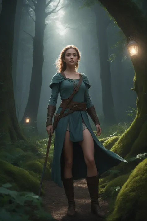 (clothed, masterpiece,wide angle, cinematic establishing shot,young adult european woman, highly detailed background:1.2), volumetric lighting, subsurface scattering, dynamic pose, (special effects, color grading, fantasy aura), (Grove Keeper:1.4), (Medium Covered Breasts:0.81), Hidden grove, mystical flora, guardian staff, nature spirits sfw