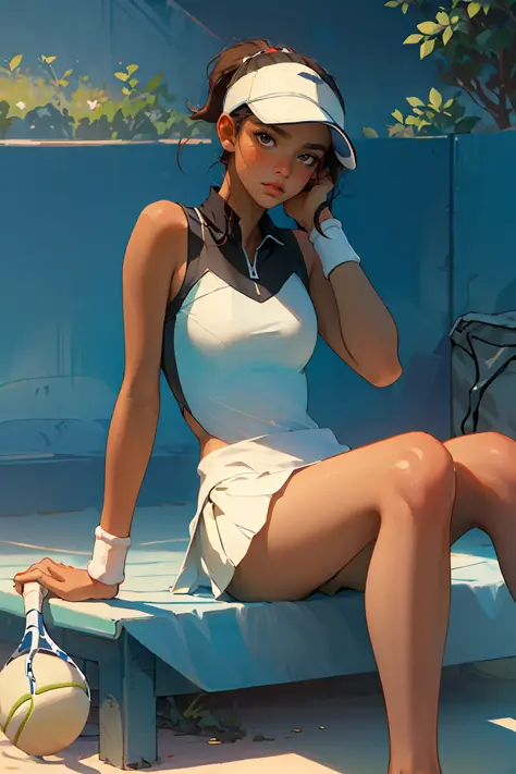 (best quality, masterpiece), 1girl, Tennis player, resting in the shade,